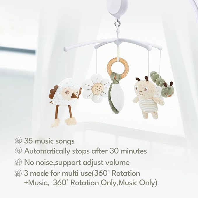 Crib Mobile 35 Lullaby Music, Cotton Baby Mobiles for Cribs & Pack N Play, Easy to Install, Stuffed Animals Hanging Toys Newborn Boys & Girls, Caterpillar