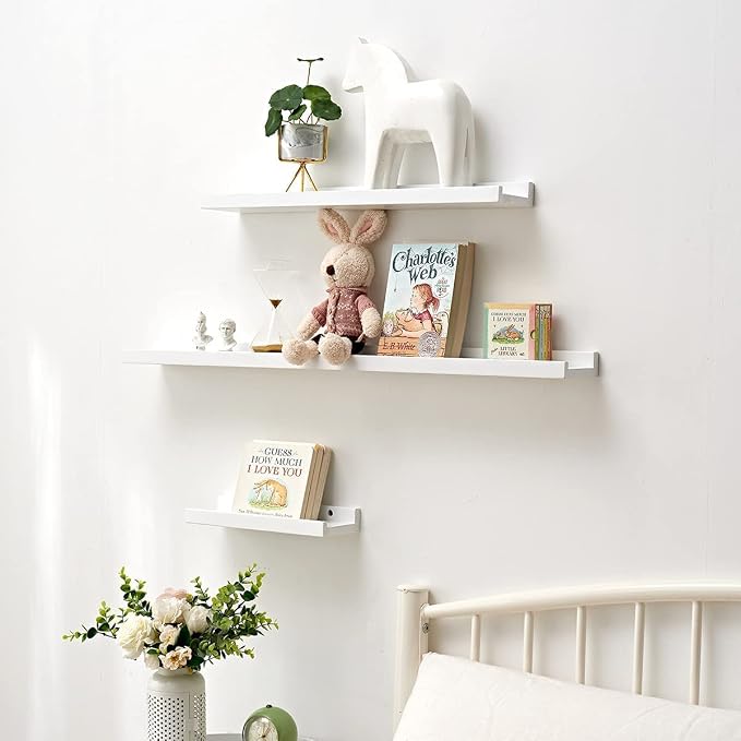16-Inch White Solid Wood Floating Shelf for Wall Decor, 1-Pack | Premium natural wood ledge for wall storage. Sturdy shelf for home office, living room and kitchen