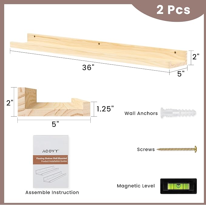 Floating Shelves for Wall, 36 inch Solid Wood Picture Ledge Shelf, Picture Shelf for Wall with Ledge, Floating Book Shelves for living room Bedroom Kitchen Nursery Decor, Natural Unfinished, Set of 2