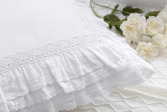 White Lace Throw Pillow Covers Euro Shams Cushion Cases with Ruffles Cotton 24"X24" Zipper Closure Luxury Elegant 2-Pack
