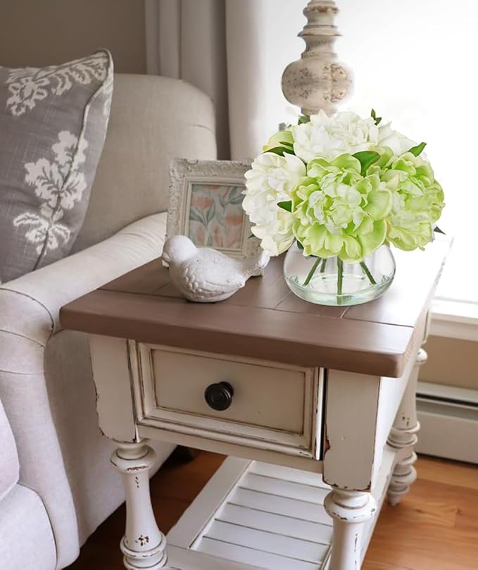 Hollyone White and Green Peonies Artificial Flowers with Vase Faux Flowers Peony Fake Flowers Silk Flower Arrangements in Glass Vase with Faux Water for Bathroom Table Centerpiece Shelf Home Decor