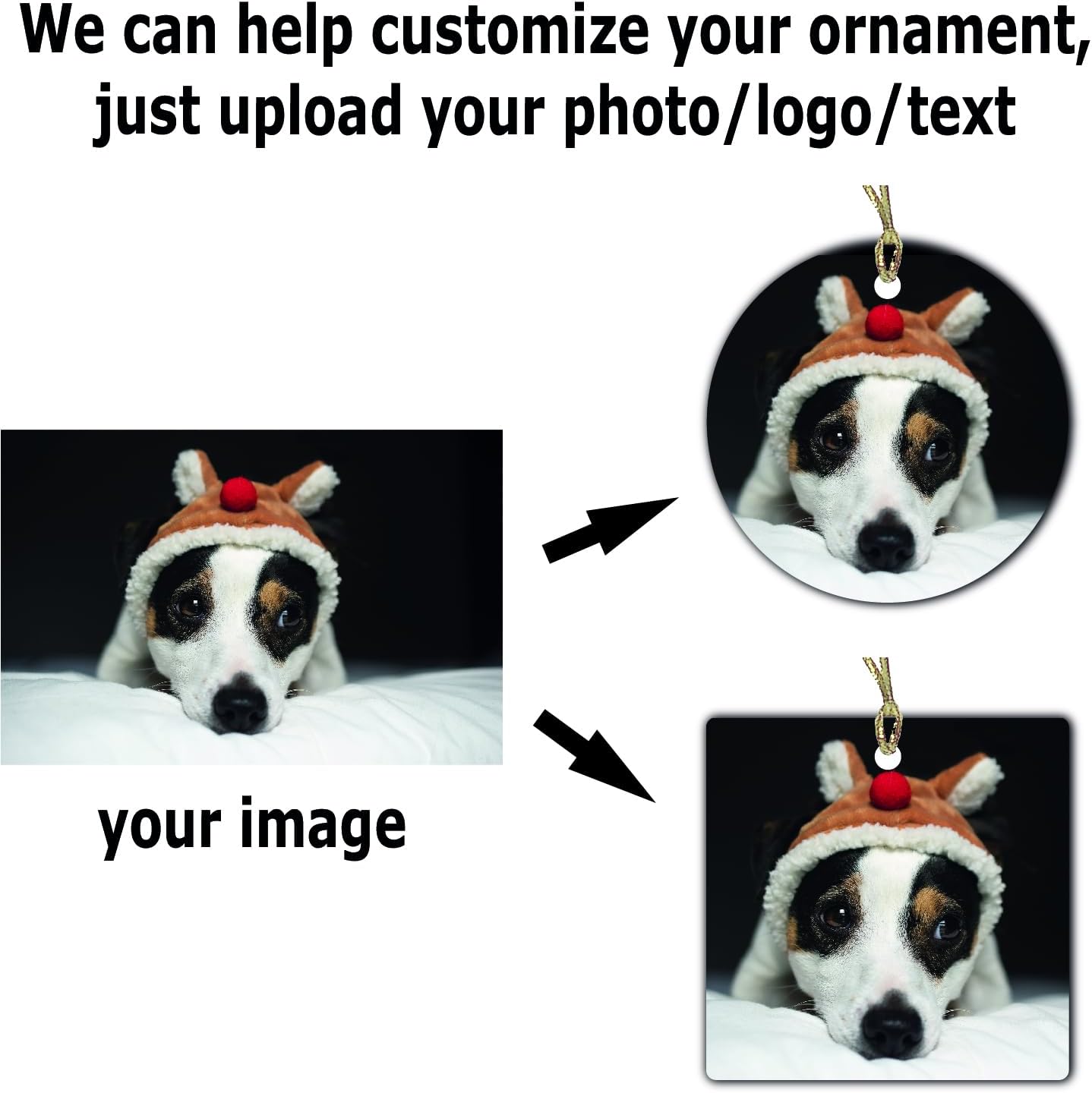 Personalized Christmas Ornament, Add Photo Text or Art Design and Make Your own Customized 3” Porcelain Ceramic Ornament, Gold String and Gift Bag Included (Round)