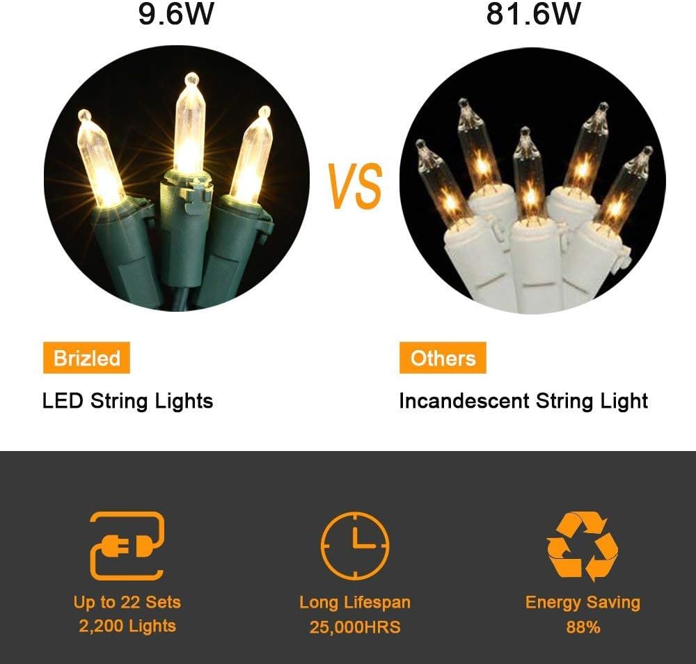 Brizled 4 Pack LED Christmas Lights, 100 LED 33ft Christmas String Lights, 120V UL Certified Connectable Xmas Tree Light Mini Xmas Light for Home Tree Patio Indoor and Outdoor Decorations, Warm White