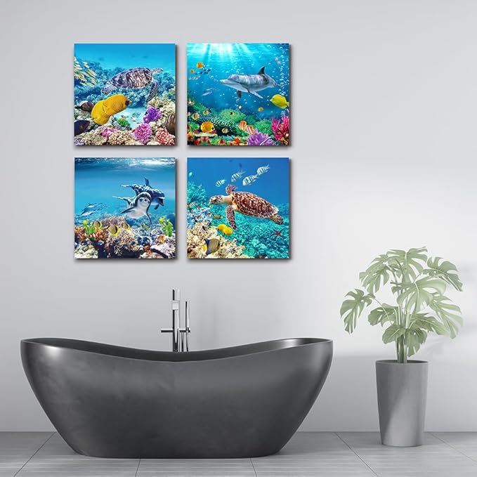 MHARTK66 Canvas Wall Art - Coral and Fish Modern Home Decor Stretched and Framed Ready to Hang Ocean Theme Sea fish and sea turtles Mediterranean Style Canvas Prints The bathroom wall decor- 4 Panels