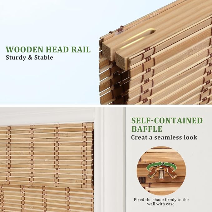 SEEYE Cordless Bamboo Blinds - Light Filtering Roller Shades, Natural Roman Blind, Roll Up Blind for Windows, Easy to Install for Door, Patio, Bedroom, 30" W x 64" H