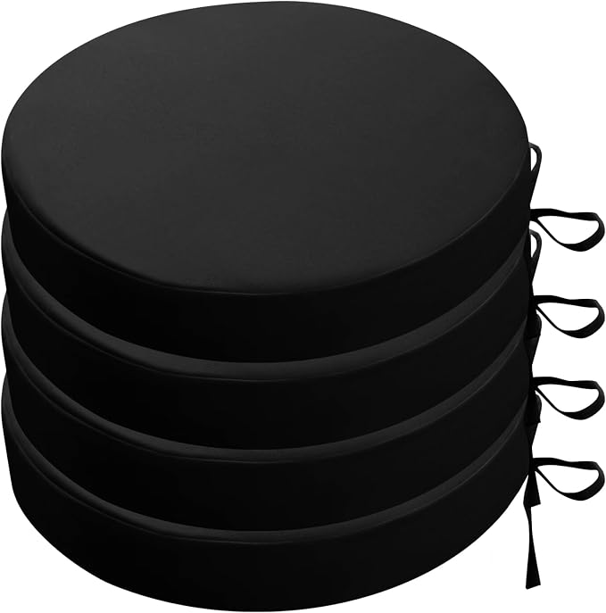SK Studio Round Outdoor Chair Cushions for Patio Furniture, Set of 4 Waterproof Patio Chair Cushion with Adjustable Ties for Garden Sofa Couch, Black, 22"x22"x3"