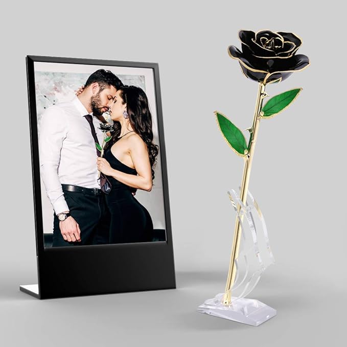 24K Gold Plated Black Rose, Forever Preserved Real Rose Lover Mom Wife Daughter Girl Friend (Black Rose with Stand)