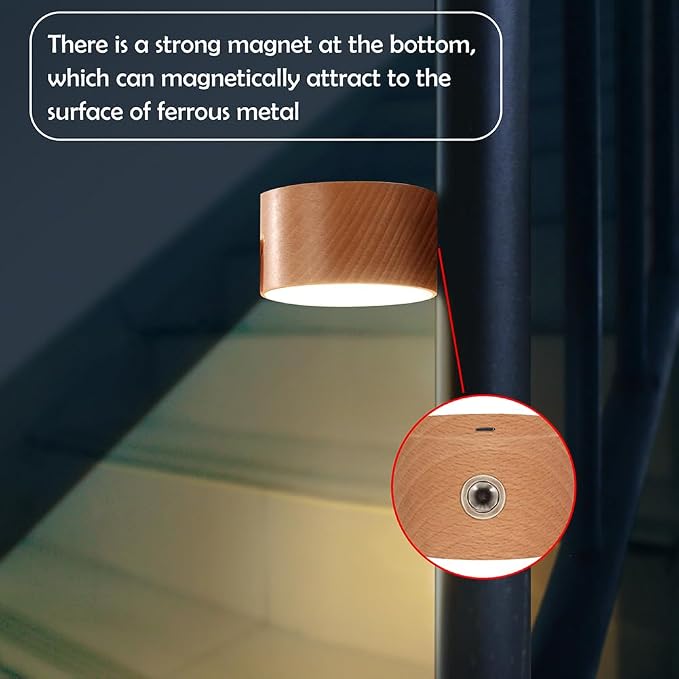 LANDGOO Wood Wall Sconce, Sapele Wood Magnetic 360° Rotatable Cordless Bedside Lamp Set, Rechargeable & Dimmable LED Lights with Touch Control, Wireless Wall Mount for Bedroom