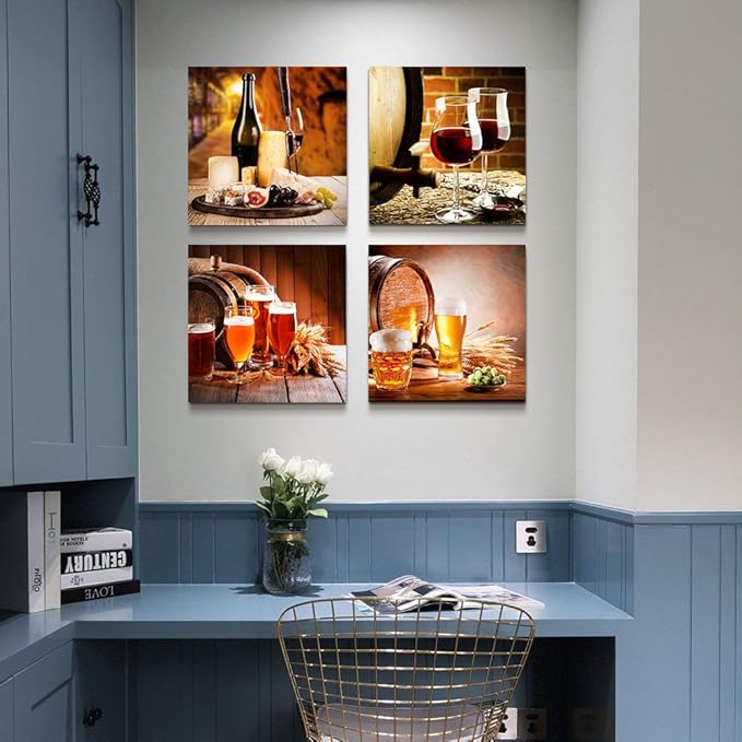 Kitchen wall decor Restoring ancient ways Still life Wine glass Wine barrel Canvas Prints Wall Art for Dining Room Bar Home Decorations 16x16 inch/4 piece restaurant posters decor Artwork Home decor
