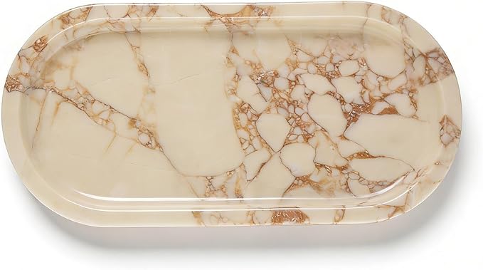 OOBOOB Oval Natural Marble Bathroom Tray for Decor Countertop, Marble Vanity Tray for Candles Perfume, Jewelry, Cosmetics, Elegant Vanity Organizer for Jewelry, Perfume