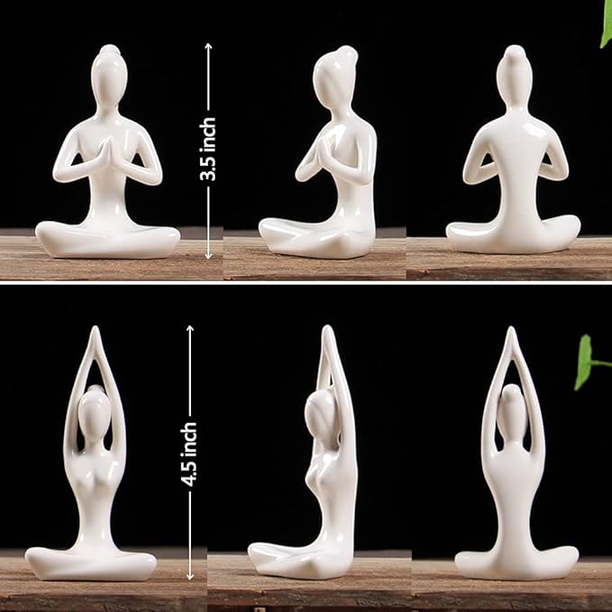 OwMell Lot of 4 Meditation Yoga Pose Statue Figurine Ceramic Yoga Figure Set Decor - White