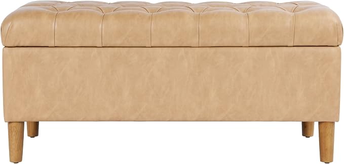HomePop 40" Button Tufted Storage Bench with Cone Wood Legs - Sand Faux Leather