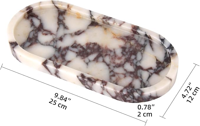 Oval Marble Bathroom Vanity Tray, Natural Luxury Marble Home Kitchen Bathroom Table Tray, Stone Decorative Countertop Tray for Coffee Perfume Jewelry (Calacatta Viola, 10" x 5" x 0.6")
