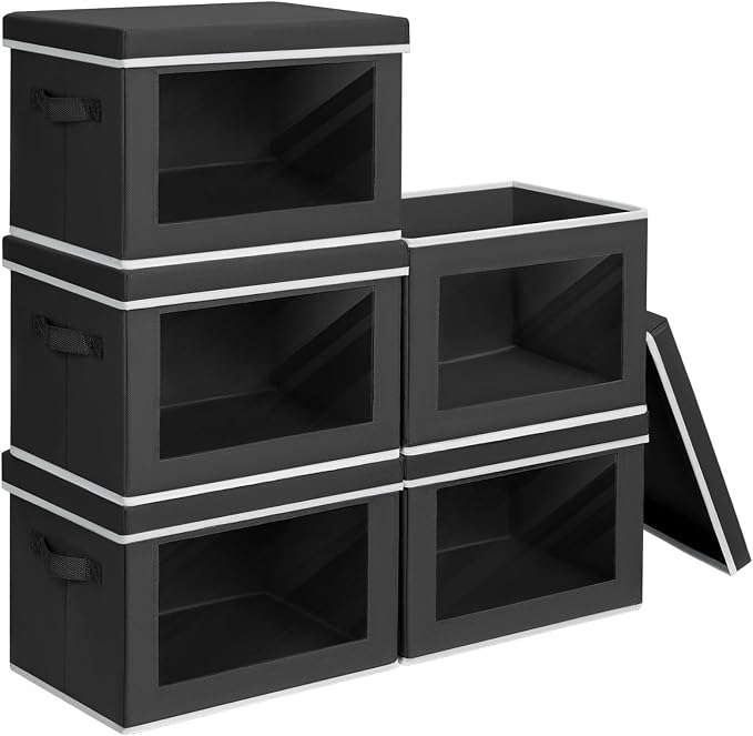 Homsorout Stackable Storage Bins with Lids - Medium Storage Box with Lids, Foldable Closet Boxes for Organizing, Wardrobe Clothes Organizer with Window, Cubes Bins for Living Room, 5 Pack, Black