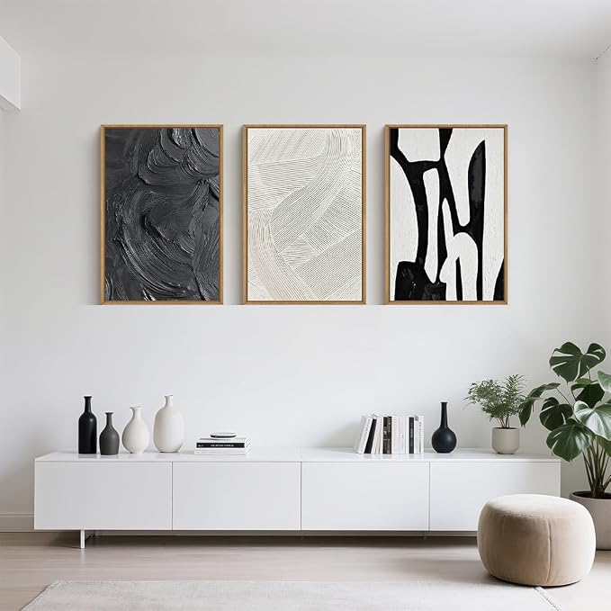 Black and White Abstract Framed Canvas Wall Art Set, Modern Textured Brushstroke Wall Decor,Neutral Minimalist Line Art Print for Living Room,Bedroom,Dining Room, Office-16 x24 x3