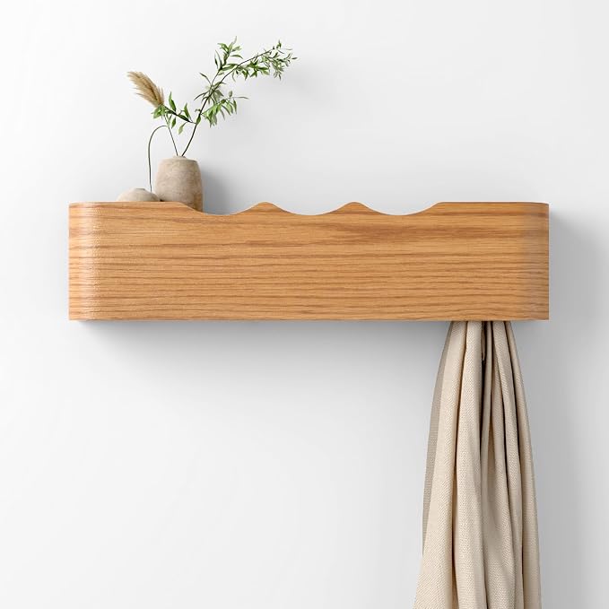 Coat Rack Wall Mount with Hidden Hooks, Wall Hooks with Shelf, Wall Key Holder Mount Wooden Shelf Entryway Hooks for Bedroom Bathroom for Hanging Coats Hats Bags Towels (Oak Wave-Shape, 4 Hooks)