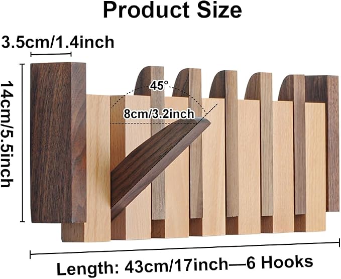 Coat Rack Wall Mount Wood, Wood Coat Rack Wall Mount with 6 Flip-Down Magnetic Hooks Piano Wall Coat Hanger for Entryway, Bathroom, Bedroom, Kitchen