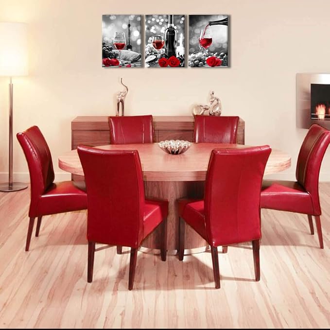 Wine Decor Kitchen Canvas Art Red Wine Rose Artwork for Home Walls Black and White With Red Wine Painting Printed Rose Art Dining Room Decor Red Kitchen Pictures Wall Decor Stretched 12x16inches x3pcs