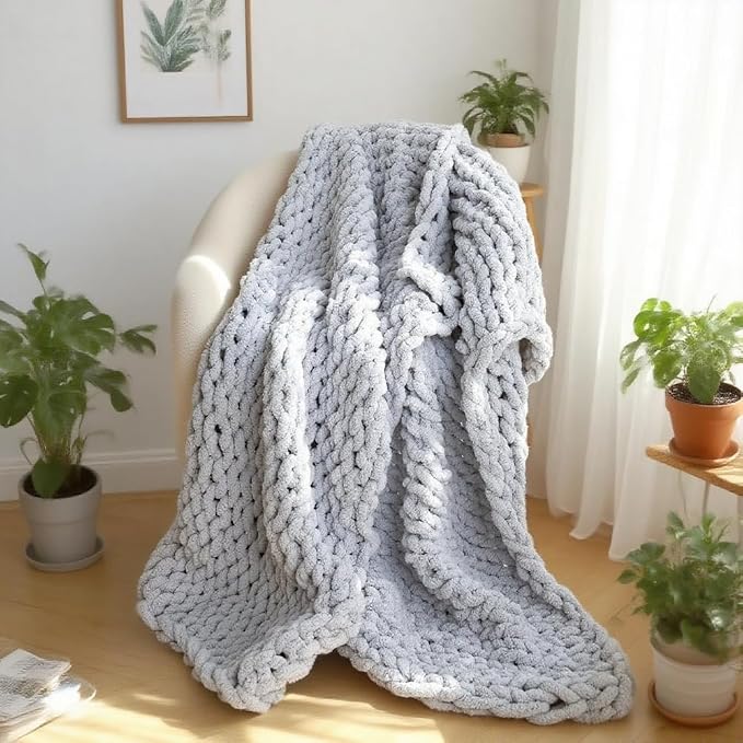 Handmade Chunky Knit Blanket, Cosy Chenille Throw (Grey, Throw (50" x 60"))