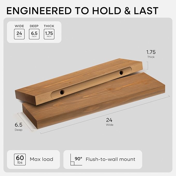 Homeforia 24 inch Golden Oak Floating Shelf, High End Solid Real Wood 24inch Small Floating Shelves for Wall Mounted, Oak Wooden 24in Floating Shelves, Heavy Duty Bracket, 24 X 6.5 X 1.75 in, Set of 4