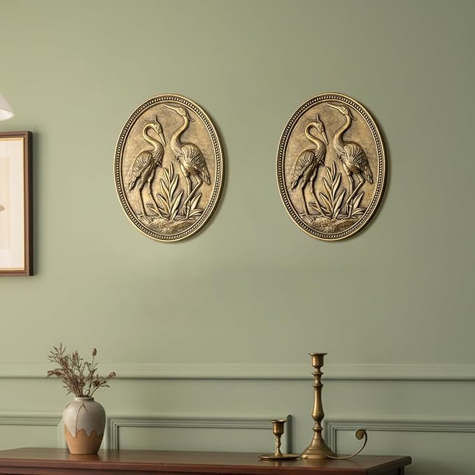 Vintage Crane Wall Sculpture 2 Pack, Crane Wall Art, Antique Wall Decor, Hand Painted Wall Decoration with Embossed Couple Bird Design, Gold Wall Decor for Living Room Bedroom Dining Room,Housewarming Gift(Gold Cranes)