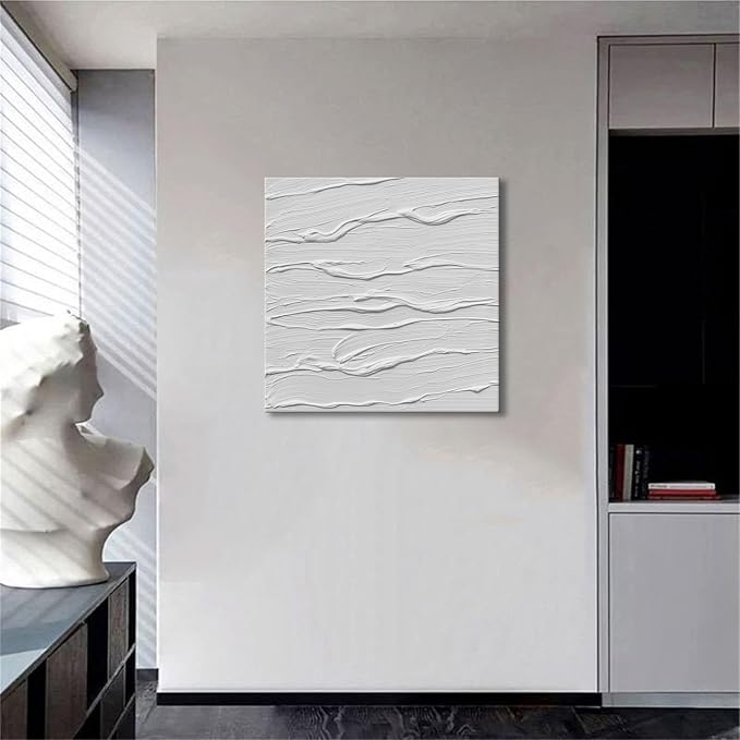 zoinart White Textured Canvas Wall Art, Hand Painted 3D Oil Painting on Canvas, 20 x 20 Inches Abstract Texture Artwork White Wall Decor