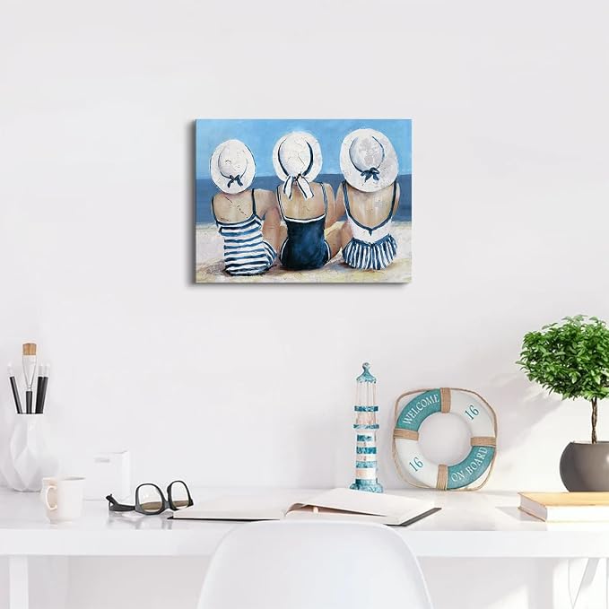 Coastal Beach Wall Art Bathroom Wall Decor Nautical Themed Swimsuit Girl Painting Teen Girls Bedroom Decor Retro Vintage Blue Ocean Poster Beauty Picture Beachy Room Artwork Home Decorations 12x16”