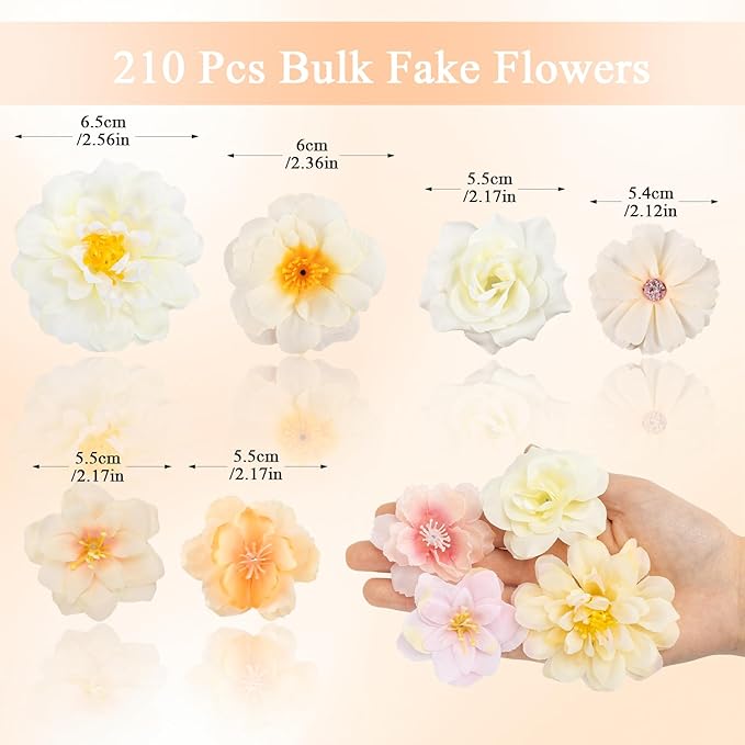 ATTGREAT 210 Pcs Mini Silk Flower Heads Small Fake Rose Daisy Faux Flowers Bulk for Crafts Artificial Loose Fabric Flowers Heads Sunflower Bulk for Wedding Hair Cap Dresses Decorations, Cream
