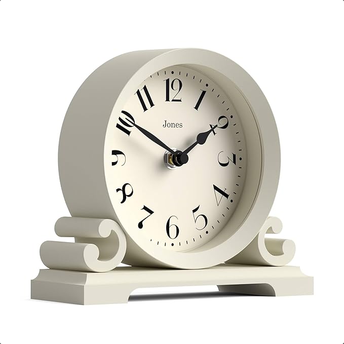 JONES CLOCKS® Saloon Mantel Clock | Small Traditional Double Scroll Design | Pale Cream | Contemporary Classic Style for Desk, Table, Shelf or Bedside