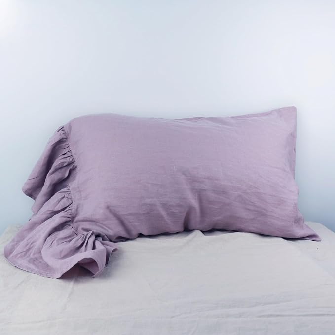 Grey Violet Ruffles Linen Pillowcase, 100% French Linen Pillow Cover, Twin Size 1 Piece Farmhouse Shabby Chic Pillow Case, 20''x26'' Pillowcase with Decorative Ruffle Envelope Closure