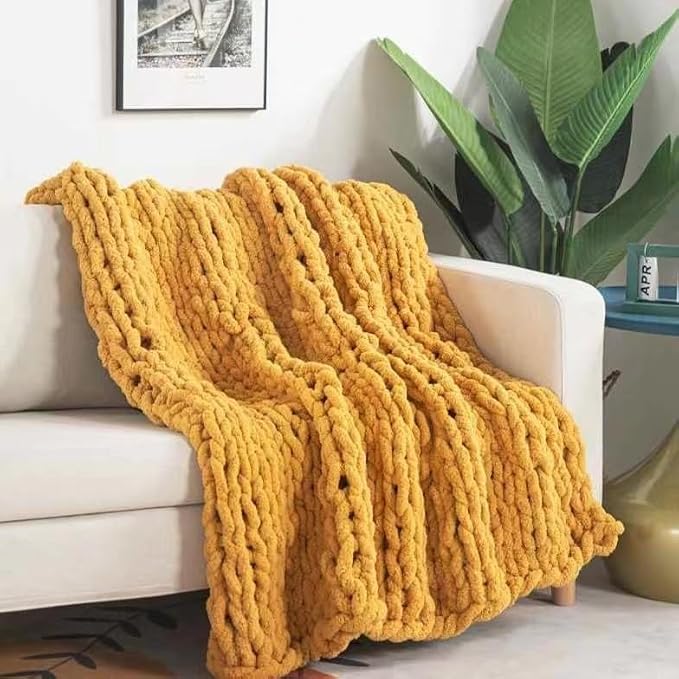 Soft Chunky Knit Throw Blanket for Couch, Cozy Warm Knitted Blankets | Hand Knit with Jumbo Chenille, Lightweight Warm Fluffy Decor for Women, Mom, Her & Girls, Sofa, Chair, Bed, 48"×71" (Yellow)
