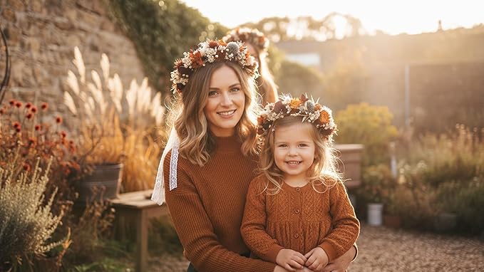 Preserved Natural Dried Flower Crown, Rustic Wedding Wreath Headband, Burnt Orange Terracotta Cream Floral Hair Garland for Brides, Bridesmaids, Flower Girls
