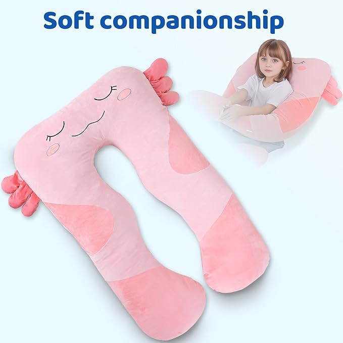 47x23 inch U Shaped Long Plush Body Pillows for Kids, Stuffed Animal Axolotl Soft Large Pillow for Sleeping, Big Cute Plushies, Washable Cover, Gift for Boys and Girls