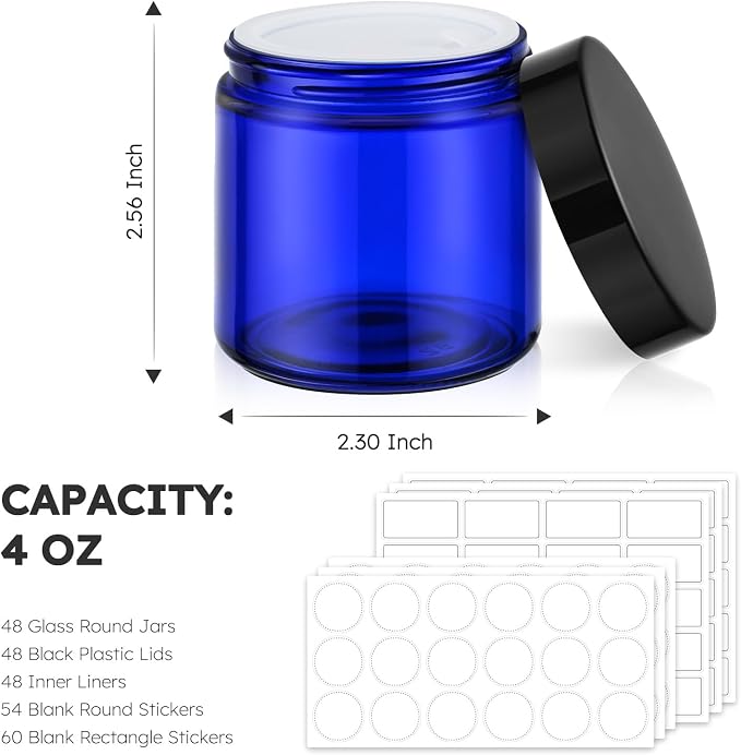 Tecohouse 4 oz Glass Jars with Lids, 48 Pack Blue Cream Canning Mason Jars with Lids, White Labels & Inner Liners, Empty Airtight Round Clear Slime Containers for Spice, Lotion, Ointments