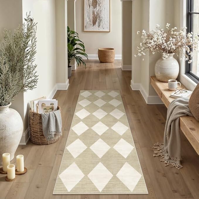 PureCozy Checkered 2x10 Runner Rug for Hallways Beige Washable Long Carpet Non-Slip Low Pile Modern Soft Indoor Accent Throw Rugs for Entrance Kitchen Bedroom Dining Laundry