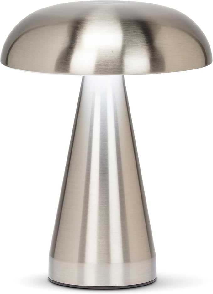 Abbott Collection Metallic Mushroom LED Table Light - Brushed Silver | USB Rechargeable, Cordless & Portable, Dimmable, 3 Brightness Levels, 6000 mAh, 24+ Hr Runtime, 8"H