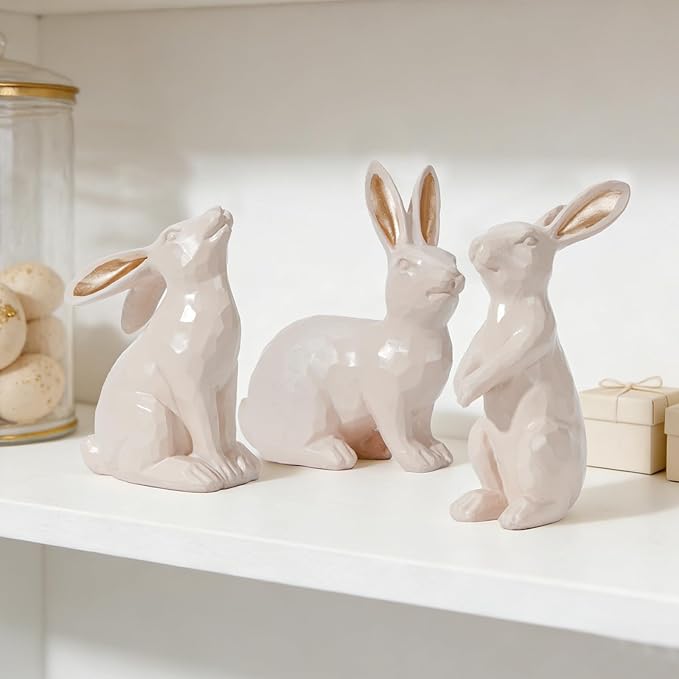 DN DECONATION Easter Bunny Figurines, Small Decorative Bunny Statue Set of 3, Beige & Gold Easter Rabbit for Modern Tabletop Decor Home Spring Decoration Gift, Resin Sculptures Decor