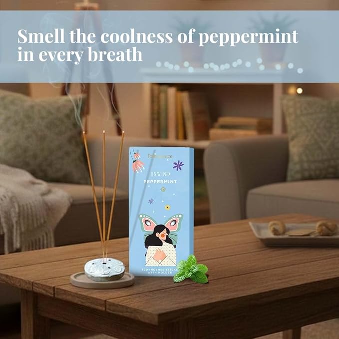 Folkulture Incense Sticks with Holder (100 Sticks)| Peppermint Incents Stick for Focus,Aromatherapy, Relaxation Gifts for Women | No Charcoal,Organic,Non Toxic, 45 Mins, Slow Burning Insence-Sticks