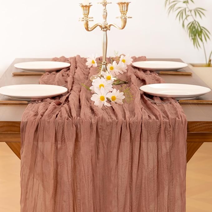 Socomi 3pcs Dusty Rose Easter Spring Cheesecloth Table Runner Boho Rustic Gauze 120 inch 10FT Cheese Cloth Runner for Wedding Party Baby Shower Birthday Home Decor Holiday Decorations
