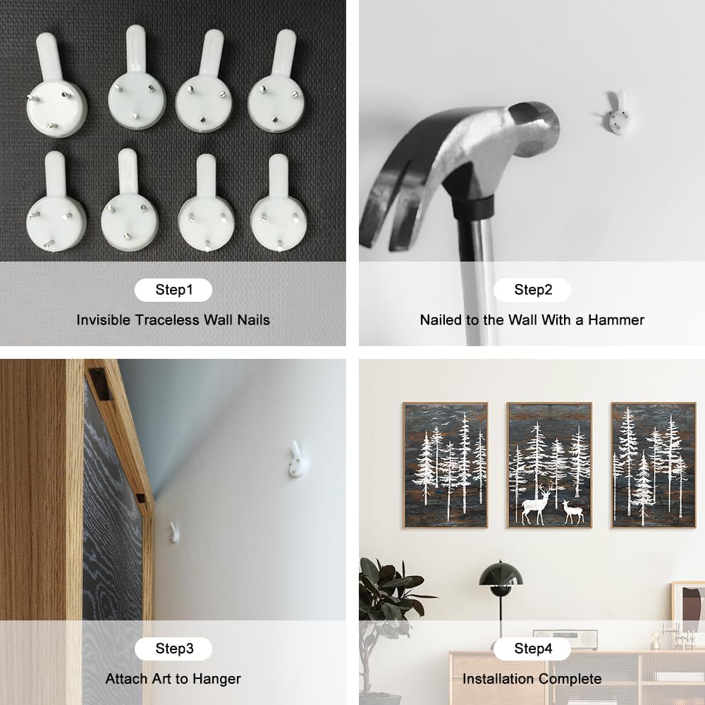 Modern White Forest Framed Canvas Wall Art Set, Minimalist Woodland Art Painting, Retro Tree Landscape Wall Decor, Wildland Deer Artwork for Living Room, Dining Room, Office - 16"x24"x3