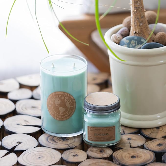 ECO CANDLE CO. Recycled Candle, Seagrass, 26 oz. - Scents of Coconut, Jasmine, Eucalyptus, Vetiver, Driftwood, & Seaweed - 100% Soy Wax, No Lead, Kraft Paper Label & Lid, Hand Made, Midwest Soybeans