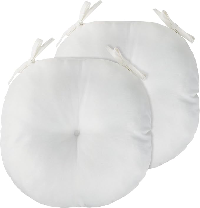 White Bistro Chair Cushions Set of 2, Round Seat Chair Pads with Ties for Dining Room Patio