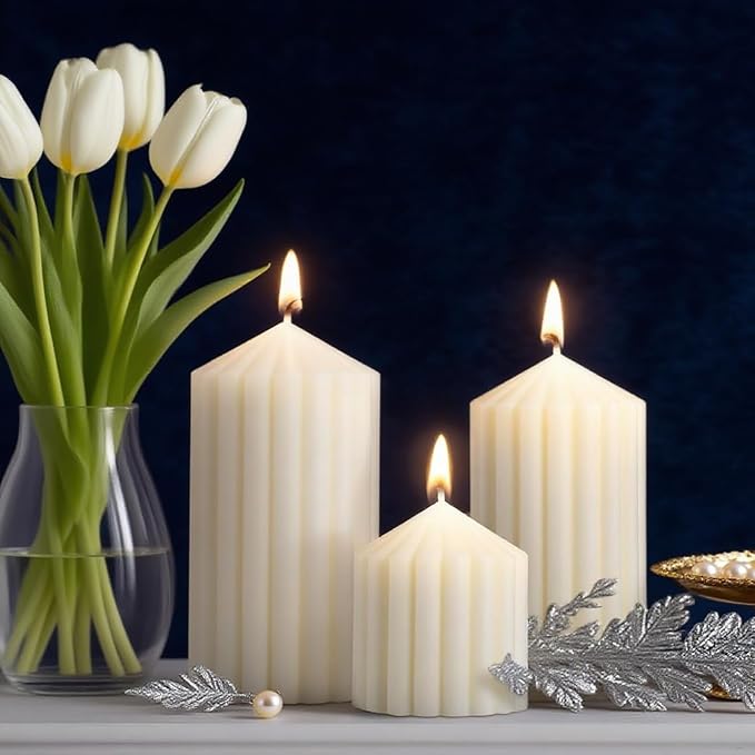 6 Sets Ribbed Pillar Candles 2.8, 4.2, 5.1 Inches Heights Romantic White Soy Wax Scented Ribbed Candles for Home Decoration Birthday Gift