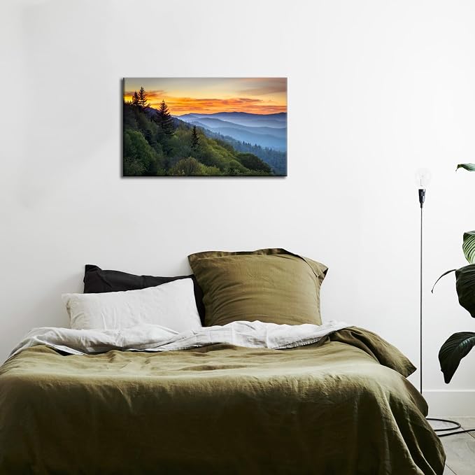 Nature Mountain Wall Art Foggy Forest Wall Decor for Living Room Sunset Blue Ridge National Park Landscape Poster Tennessee Misty Pine Tree Scenic Painting Artwork Office Kitchen Home Decoration 16x24