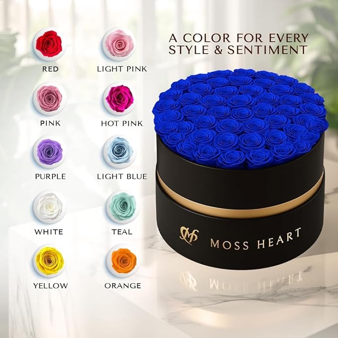 50 Petite Preserved Roses, Designer Round Box, Real Forever Roses Last 1+ Year, Premium Gift for Women, Wife, Girlfriend, Mother’s Day, Birthday, Anniversary, Valentine’s Day