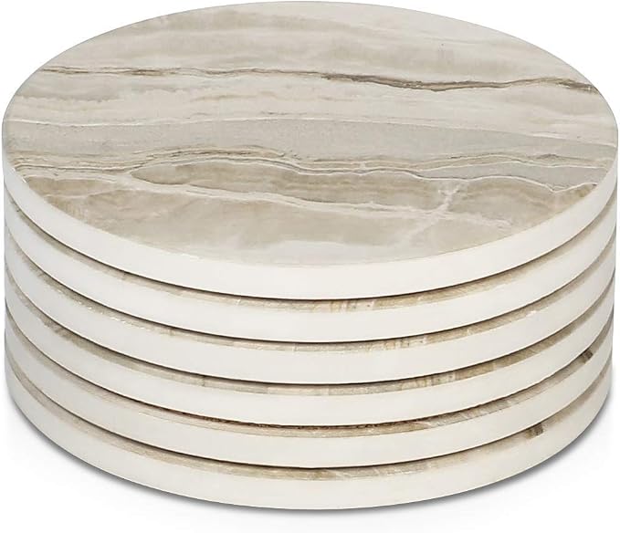 LIFVER Drink Coasters 6 Pieces Ceramic, Absorbent Coasters for Drinks,Stone Style Coaster Set with Cork Base for Wooden Table,Housewarming Gift for Friend