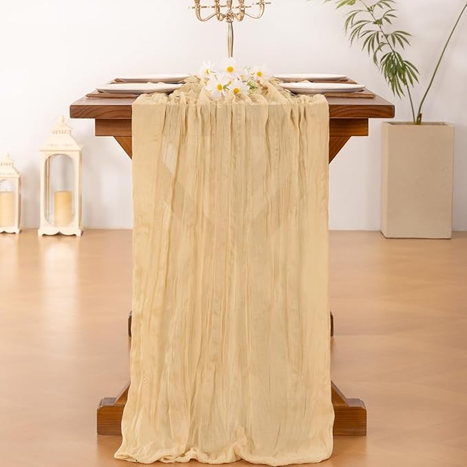 Socomi 3pcs Gold Champagne Cheesecloth Table Runner Easter Spring Boho Rustic Gauze 120 inch 10FT Cheese Cloth Runner for Wedding Party Baby Shower Birthday Home Decor Holiday Decorations
