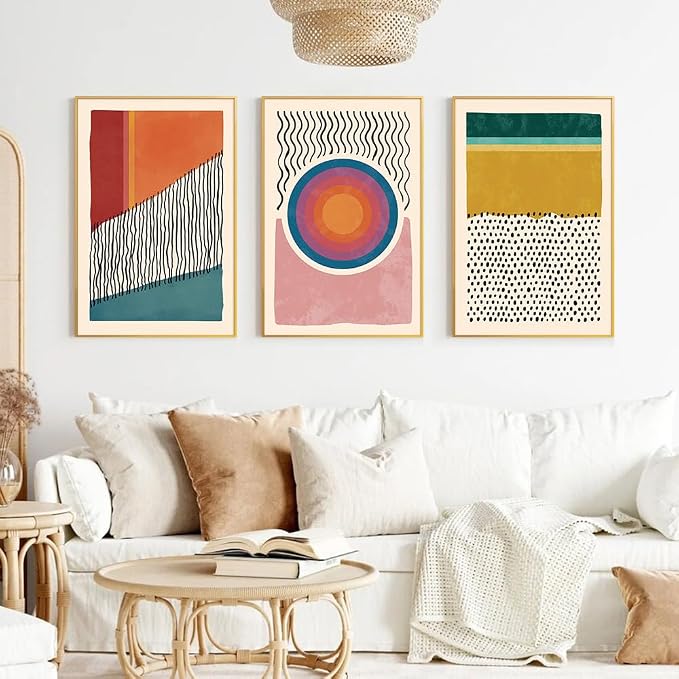 HPINUB Boho Framed Canvas Prints Wall Art Set, Mid-Century Abstract Color Block Shape Wall Decor, Geometric Illustrations Art Photos for Living Room, Bedroom, Dining Room, Office, Bathroom - 16"x24"x3