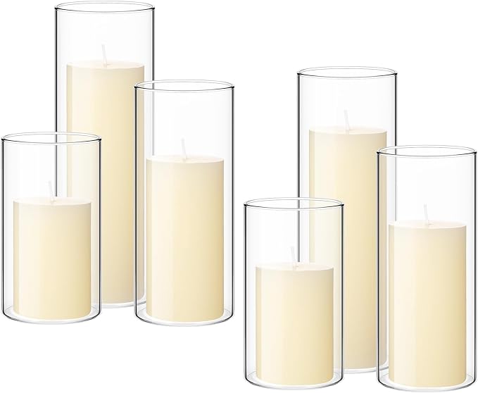 Shihanee Set of 6 Pillar Candles with Glass Cylinder Vases Clear Cylinder Hurricane Candleholders for Slim Tall Pillar Candles Wedding Table Centerpieces(2.6'' X 4.7'', 5.9'', 7.9'',Ivory)
