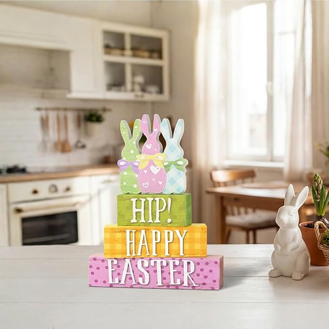 Smile Wooden Easter Decoration Sign, "Hip! Happy Easter" Wooden Block Stack with Bunny Silhouettes, Pastel Tiered Tabletop Decor for Spring & Easter